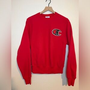 Vintage Champion Reverse Weave Crewneck Red Sweater with Embroidered C Patch